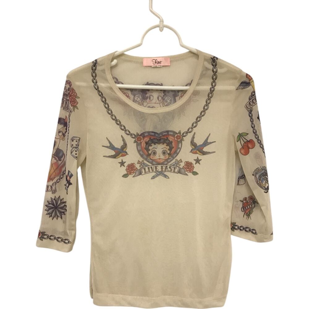 Fine Sheer Blouse Womens XS Beige Betty Boop Live Fast Tattoo Top 3/4 Sleeve